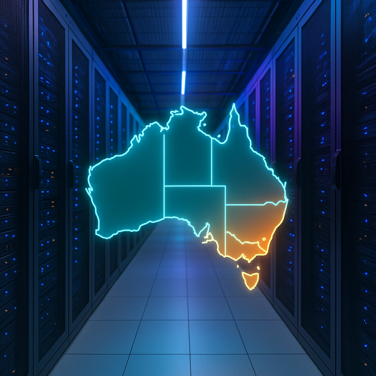 Glowing outline of Australia between rows of servers